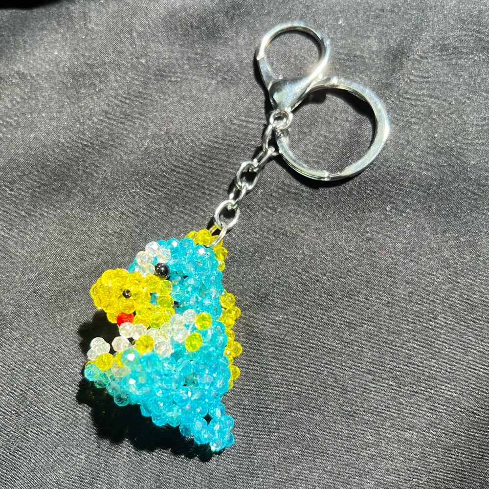 Cyan Blue & Yellow Sparkly Shiny Beaded Dinosaur Keychain Charm Kawaii Crystal